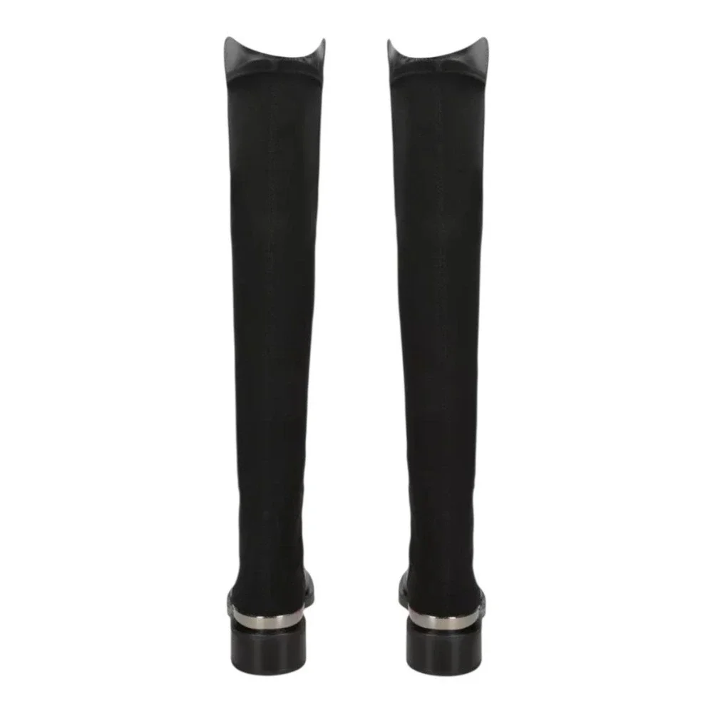 Stuart Weitzman 5050 Bold‎ Logo Over Knee Boots Leather Block Heel Black Womens